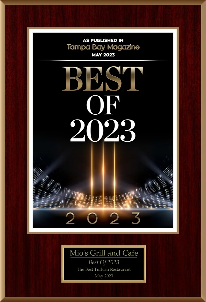 Best Turkish Restaurant in Tampa Bay 2023 award from Tampa Bay Magazine — Mio's Grill & Cafe