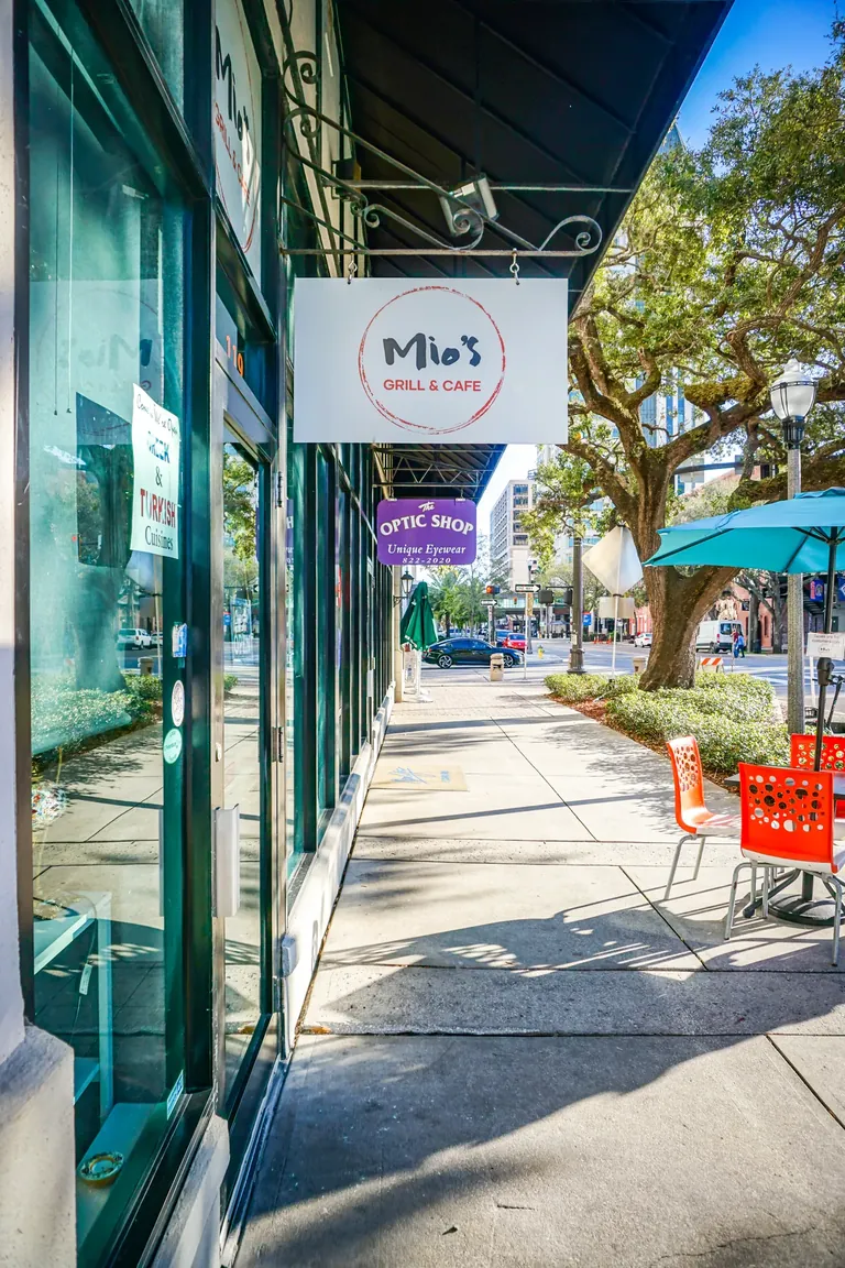 Exterior storefront and signage at Mio's Grill & Cafe in St. Petersburg