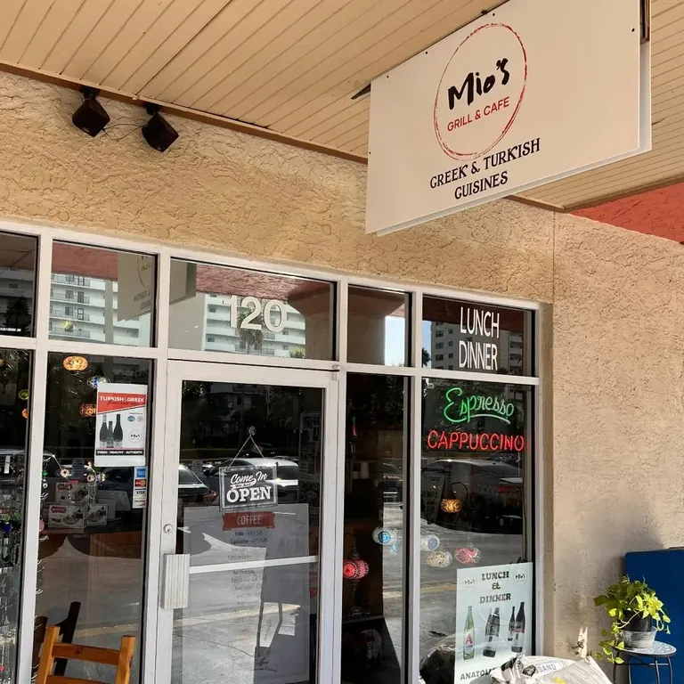 Exterior storefront and signage at Mio's Grill & Cafe in Sand Key, Clearwater